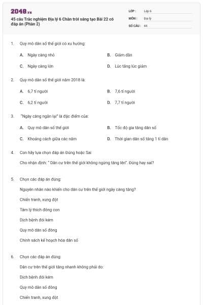 45 câu Trắc nghiệm Địa lý 6 Chân trời sáng tạo Bài 22 có đáp án (Phần 2)