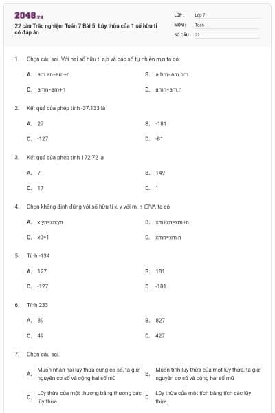 22 câu Trắc nghiệm Toán 7 Bài 5: Lũy thừa của 1 số hữu tỉ có đáp án