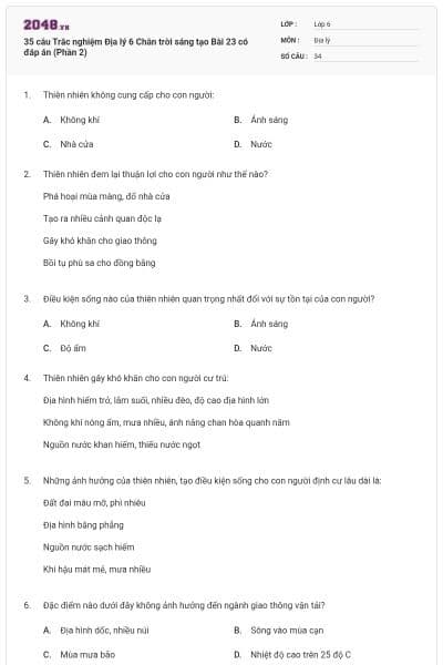 35 câu Trắc nghiệm Địa lý 6 Chân trời sáng tạo Bài 23 có đáp án (Phần 2)