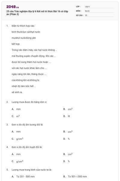 25 câu Trắc nghiệm Địa lý 6 Kết nối tri thức Bài 16 có đáp án (Phần 3)