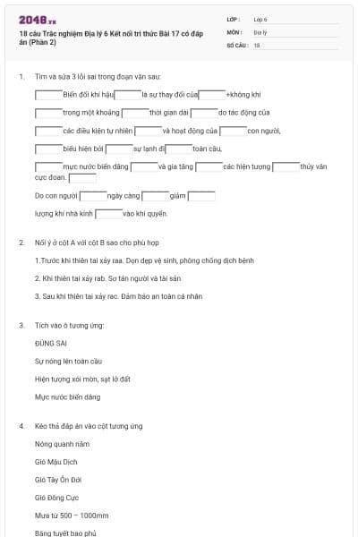 18 câu Trắc nghiệm Địa lý 6 Kết nối tri thức Bài 17 có đáp án (Phần 2)