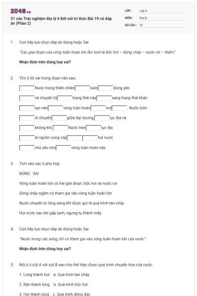 31 câu Trắc nghiệm Địa lý 6 Kết nối tri thức Bài 19 có đáp án (Phần 2)