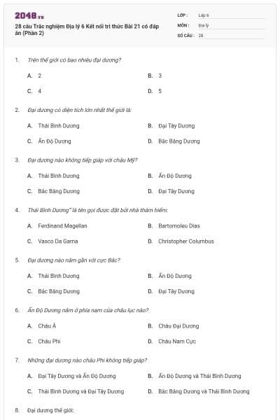 28 câu Trắc nghiệm Địa lý 6 Kết nối tri thức Bài 21 có đáp án (Phần 2)