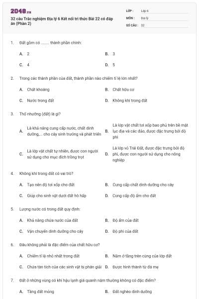 32 câu Trắc nghiệm Địa lý 6 Kết nối tri thức Bài 22 có đáp án (Phần 2)