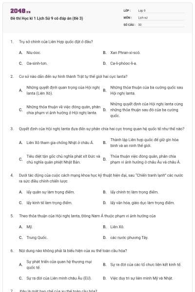 Đề thi Học kì 1 Lịch Sử 9 có đáp án (Đề 3)