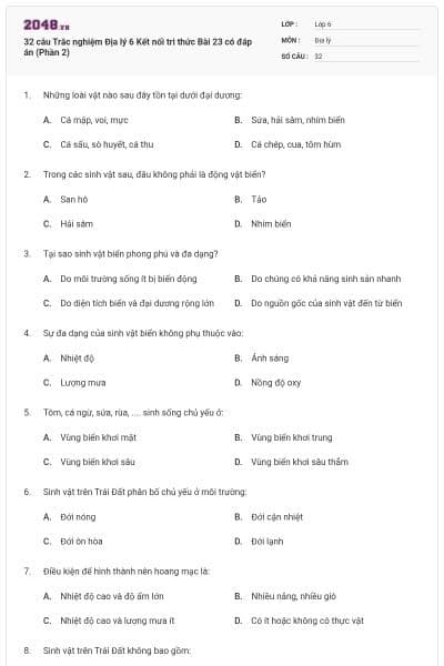 32 câu Trắc nghiệm Địa lý 6 Kết nối tri thức Bài 23 có đáp án (Phần 2)