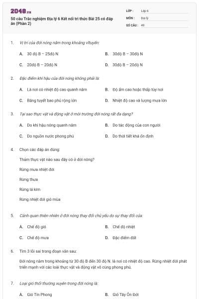 50 câu Trắc nghiệm Địa lý 6 Kết nối tri thức Bài 25 có đáp án (Phần 2)