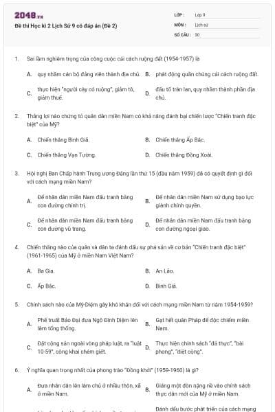 Đề thi Học kì 2 Lịch Sử 9 có đáp án (Đề 2)