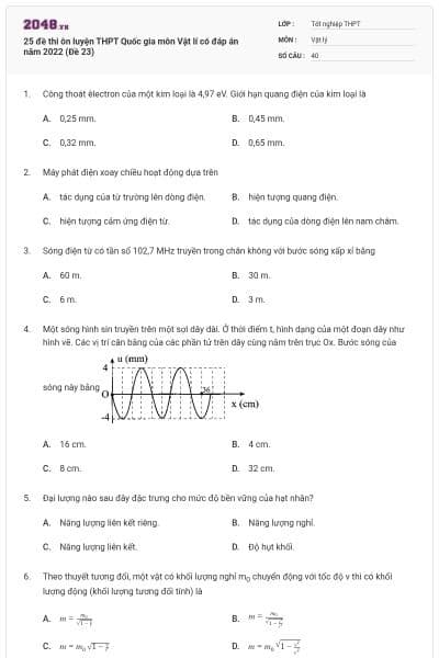 25 đề thi ôn luyện THPT Quốc gia môn Vật lí có đáp án năm 2022 (Đề 23)