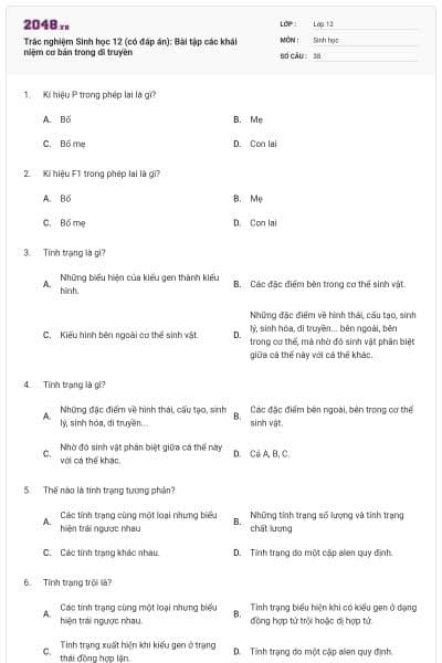 Trắc nghiệm Sinh học 12 (có đáp án): Bài tập các khái niệm cơ bản trong di truyền