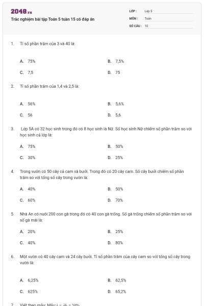 Trắc nghiệm bài tập Toán 5 tuần 15 có đáp án
