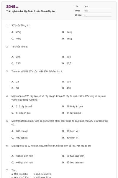 Trắc nghiệm bài tập Toán 5 tuần 16 có đáp án