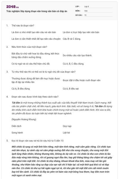 Trắc nghiệm Xây dựng đoạn văn trong văn bản có đáp án
