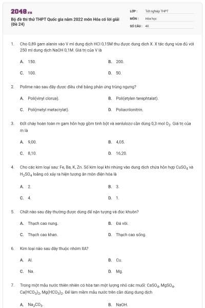Bộ đề thi thử THPT Quốc gia năm 2022 môn Hóa có lời giải (Đề 24)