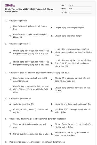 23 câu Trắc nghiệm Vật Lí 10 Bài 5 (có đáp án): Chuyển động tròn đều