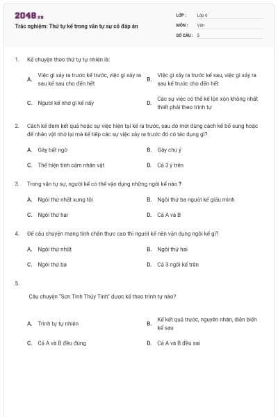 Trắc nghiệm: Thứ tự kể trong văn tự sự có đáp án