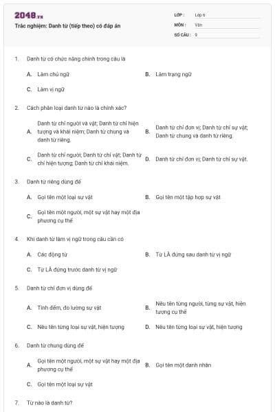 Trắc nghiệm: Danh từ (tiếp theo) có đáp án