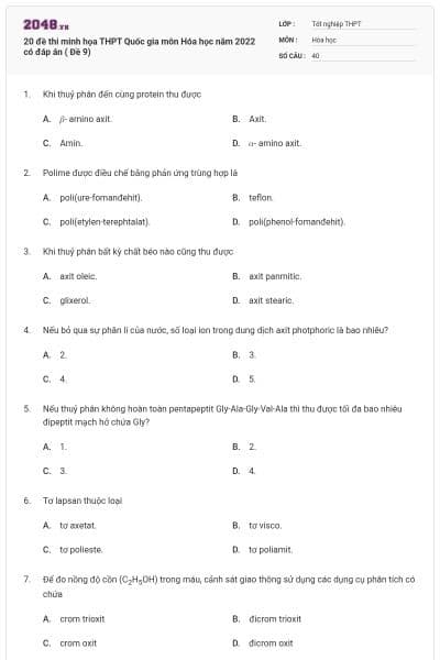 20 đề thi minh họa THPT Quốc gia môn Hóa học năm 2022 có đáp án ( Đề 9)