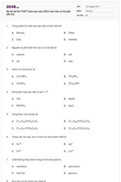 Bộ đề thi thử THPT Quốc gia năm 2022 môn Hóa có lời giải (Đề 25)