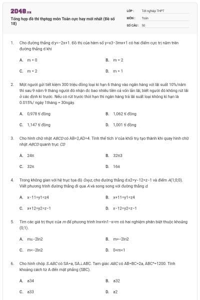 Tổng hợp đề thi thptqg môn Toán cực hay mới nhất (Đề số 18)