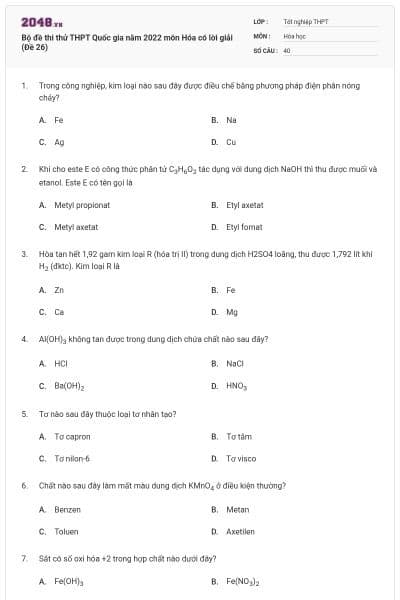Bộ đề thi thử THPT Quốc gia năm 2022 môn Hóa có lời giải (Đề 26)