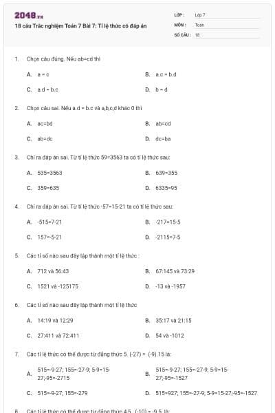 18 câu Trắc nghiệm Toán 7 Bài 7: Tỉ lệ thức có đáp án