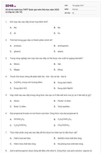 20 đề thi minh họa THPT Quốc gia môn Hóa học năm 2022 có đáp án ( Đề 10)