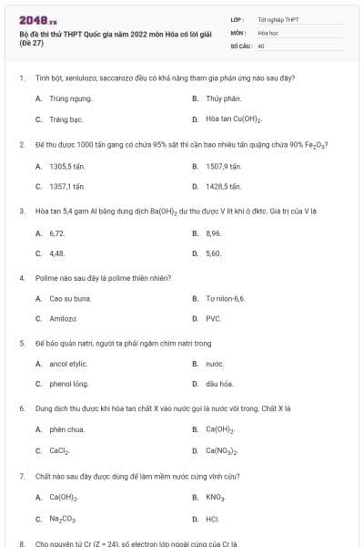 Bộ đề thi thử THPT Quốc gia năm 2022 môn Hóa có lời giải (Đề 27)