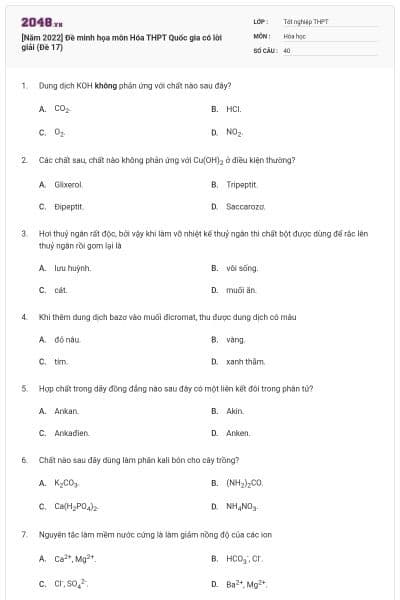 [Năm 2022] Đề minh họa môn Hóa THPT Quốc gia có lời giải (Đề 17)