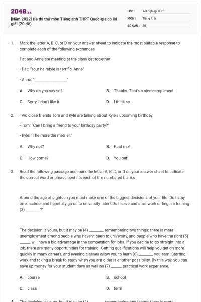 [Năm 2022] Đề thi thử môn Tiếng anh THPT Quốc gia có lời giải (20 đề)