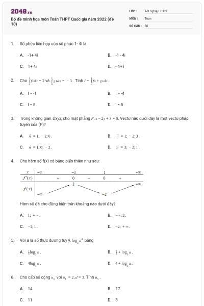 Bộ đề minh họa môn Toán THPT Quốc gia năm 2022 (đề 10)