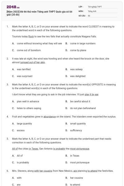 [Năm 2022] Đề thi thử môn Tiếng anh THPT Quốc gia có lời giải (20 đề)