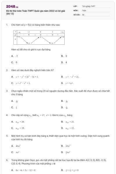 Đề thi thử môn Toán THPT Quốc gia năm 2022 có lời giải (Đề 13)