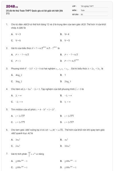 25 đề thi thử Toán THPT Quốc gia có lời giải chi tiết (Đề 21)