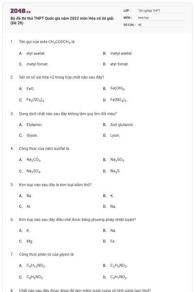 Bộ đề thi thử THPT Quốc gia năm 2022 môn Hóa có lời giải (Đề 28)