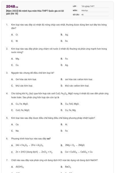 [Năm 2022] Đề minh họa môn Hóa THPT Quốc gia có lời giải (Đề 18)