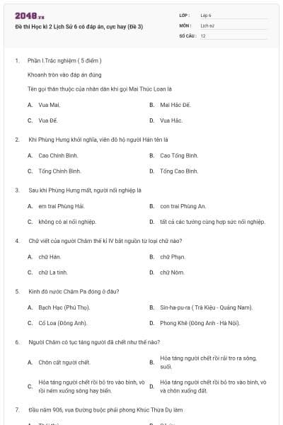 Đề thi Học kì 2 Lịch Sử 6 có đáp án, cực hay (Đề 3)
