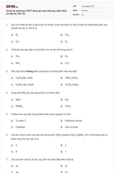 20 đề thi minh họa THPT Quốc gia môn Hóa học năm 2022 có đáp án ( Đề 12)