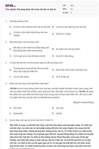 Trắc nghiệm Xây dựng đoạn văn trong văn bản có đáp án