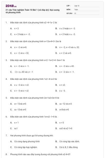 21 câu Trắc nghiệm Toán 10 Bài 1 (có đáp án): Đại cương về phương trình