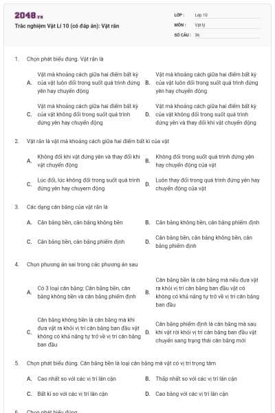 Trắc nghiệm Vật Lí 10 (có đáp án): Vật rắn