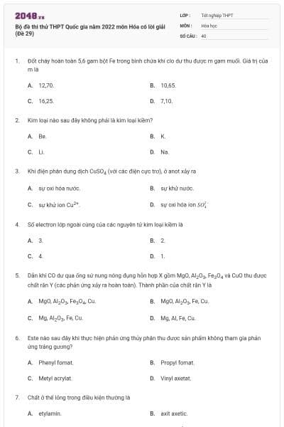 Bộ đề thi thử THPT Quốc gia năm 2022 môn Hóa có lời giải (Đề 29)