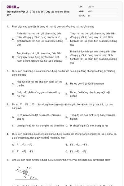 Trắc nghiệm Vật Lí 10 (có đáp án): Quy tắc hợp lực đồng quy