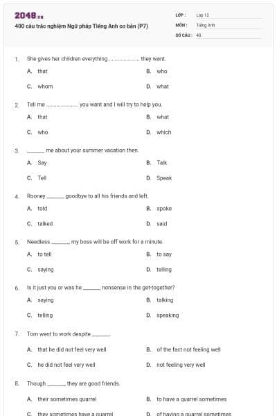 400 câu trắc nghiệm Ngữ pháp Tiếng Anh cơ bản (P7)
