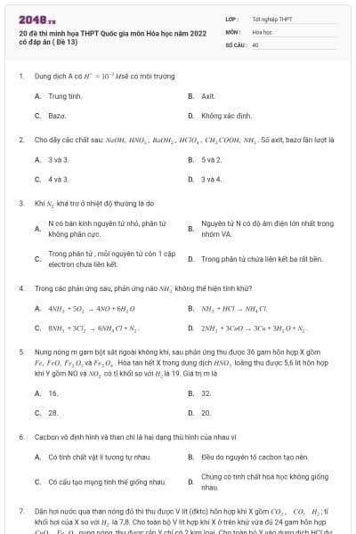 20 đề thi minh họa THPT Quốc gia môn Hóa học năm 2022 có đáp án ( Đề 13)