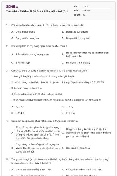 Trắc nghiệm Sinh học 12 (có đáp án): Quy luật phân li (P1)