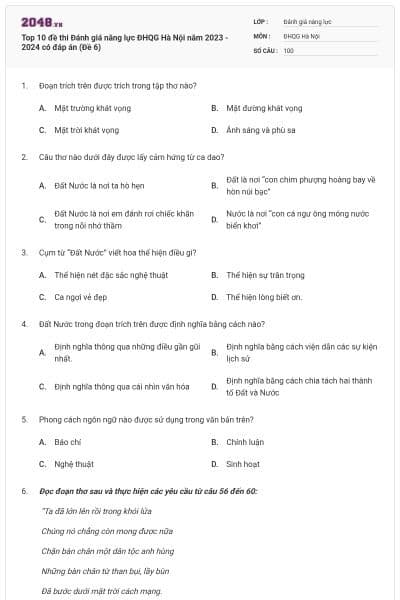 Top 10 đề thi Đánh giá năng lực ĐHQG Hà Nội năm 2023 - 2024 có đáp án (Đề 6)