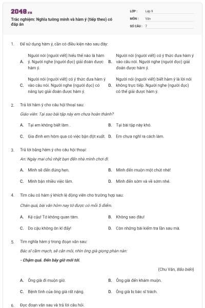 Trắc nghiệm: Nghĩa tường minh và hàm ý (tiếp theo) có đáp án