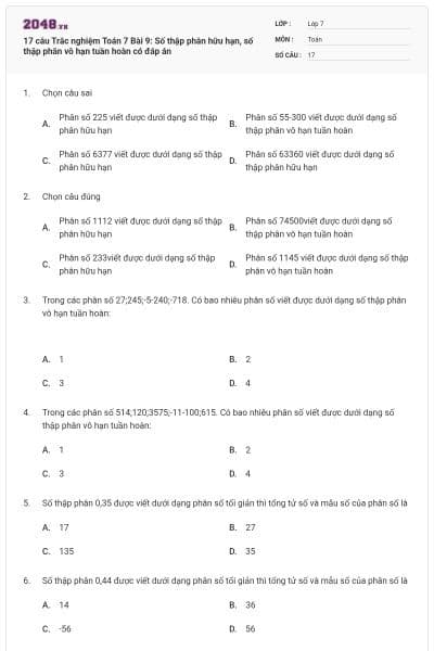 17 câu Trắc nghiệm Toán 7 Bài 9: Số thập phân hữu hạn, số thập phân vô hạn tuần hoàn có đáp án