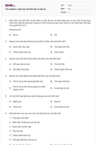 Trắc nghiệm: Luyện tập viết biên bản có đáp án